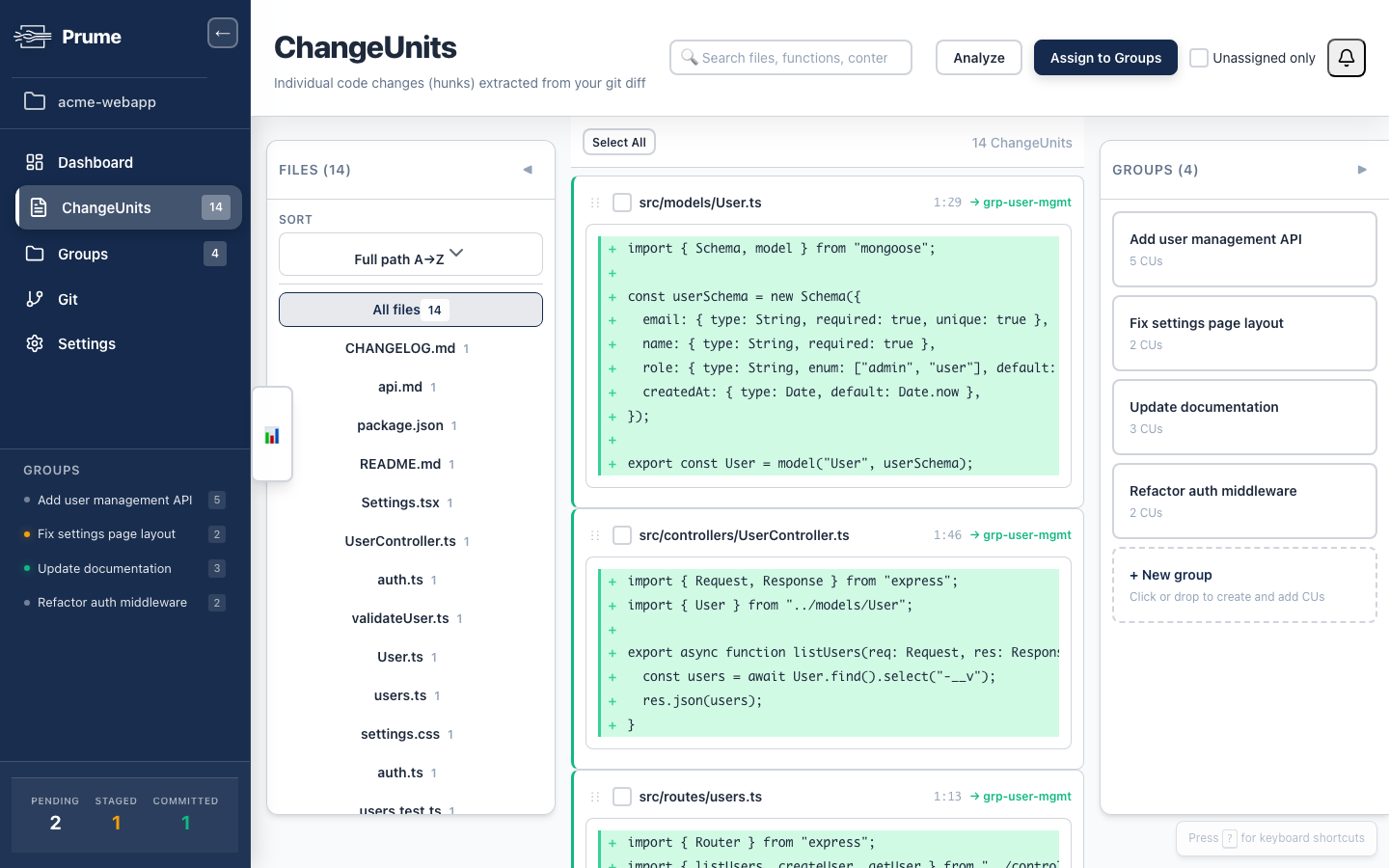Change units view showing individual diff hunks with file-level grouping