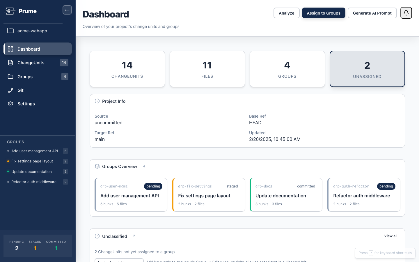 Prume Pro dashboard showing project overview with groups and change units